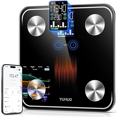 YUHUO Smart Scale for Body Weight, 4-Electrode BIA Body Composition Scale with High Precision, Large LED Display, Digital Bathroom Scale for BMI, Body Fat, Muscle Mass, 18 Metrics Sync APP, 400lb