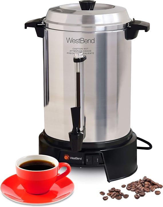 West Bend Commercial Coffee Urn Highly-Polished Aluminum Features Automatic Temperature Control Large Capacity with Quick Brewing Smooth Prep and Easy Clean Up NSF Approved, 55-Cup, Silver