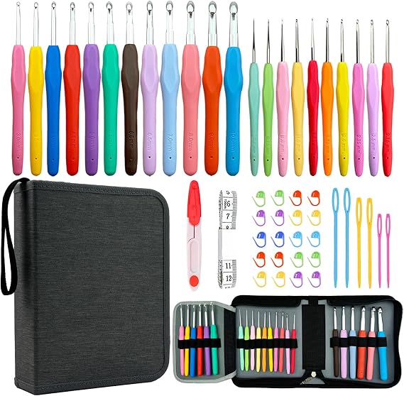 Hobekoee 22 Sizes Crochet Hooks Set with Black Case,0.5mm-10mm Ergonomic Soft Handle Crochet Hook Needles Set for Arthritic Hands,Complete Crochet Set