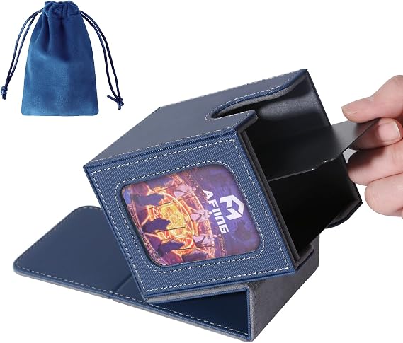 AFIING MTG Deck Box Commander Display Card Deck Box Holds 100 Double Sleeve Cards Magic Commander TCG Card Storage 2 Compartments Dice Bag 1 Top Loader Blue/Gray