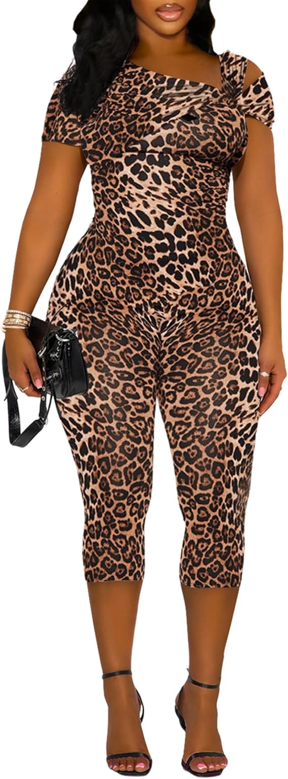 Sexy Jumpsuit for Women Cheetah Print Sloping Shoulder Capri Romper Trendy Leopard Club Party Outfits