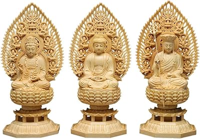 Solid Wood Amitabha Buddha Statue Zen Decor,Set of 3 Kuanyin-Amitabha-Ksitigarbha Buddha Statue for Home Office Decor