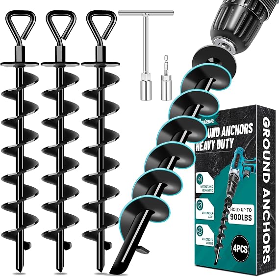 Ground Anchors Screw in, Trampoline Anchors for High Wind | Fully Spiral Blades, Rust-proof & Waterproof, Heavy Duty Trampoline Stakes for Tent/Swing Set