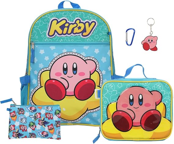 Bioworld Kirby 5-Piece Set: 16 Backpack, Lunchbox, Utility Case, Rubber Keychain, and Carabiner