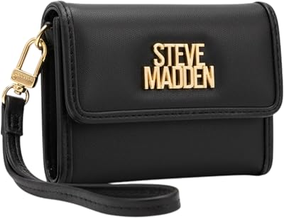 Steve Madden Womens Bcass Trifold Indexer Wallet with Wrist Strap Black wGold