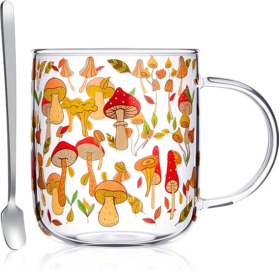 CHENGU Mushroom Mug with Handle, 15 oz Clear Mushroom Glass Cup Gift Cup with Stainless Steel Spoon for Coffee Tea Milk Stuff Decor for Christmas Thanksgiving