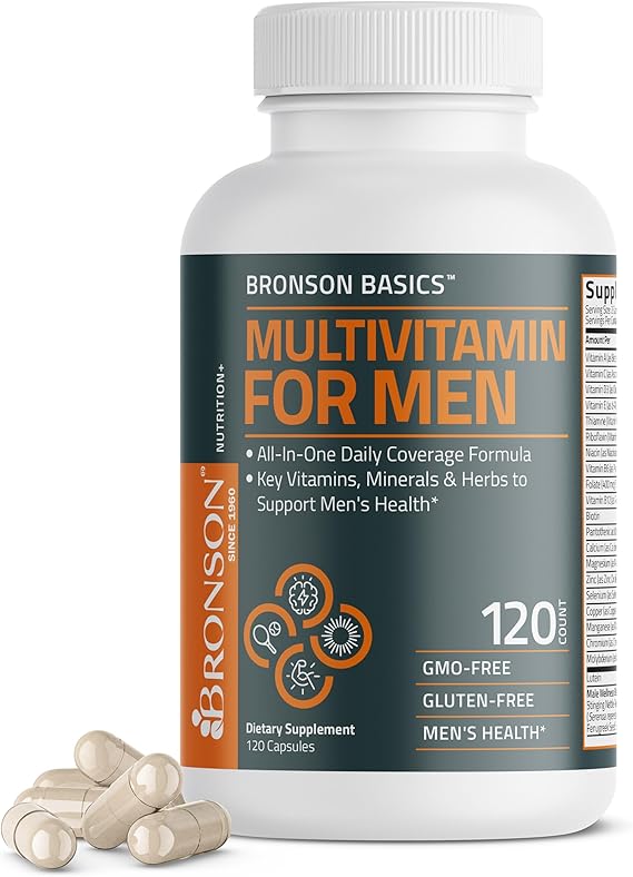 Bronson Multivitamin for Men All-in-One Daily Coverage, 120 Capsules | Once-Daily Men's Wellness Formula with Immune, Focus & Energy Support, Ashwagandha & Saw Palmetto, Non-GMO & Gluten-Free