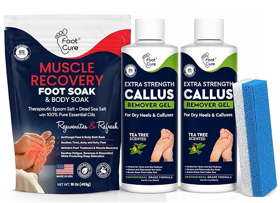 Muscle Relief Foot Soak with Epsom Salts - All Natural Salts for Post Workout Recovery - Softens Calluses Callus Remover for Feet with Extra Strength Gel & Foot Pumice Stone Set