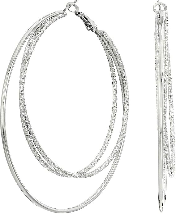 Guess Smooth and Textured Wire Silver Hoop Earrings