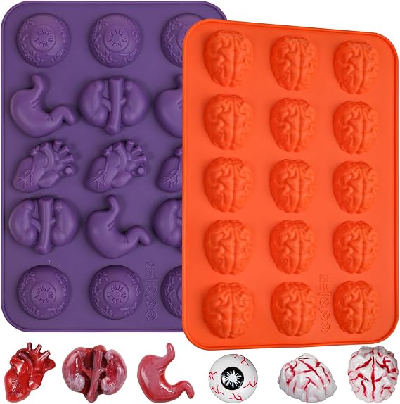 Kamehame Halloween Chocolate Molds Brain Shape Silicone Mold, 15-Cavity Organ Silicone Mold Shaped with Brain, Eyeball, Heart Lungs and Stomach for Chocolate, Candy, Cupcake Decorations, Pack of 2