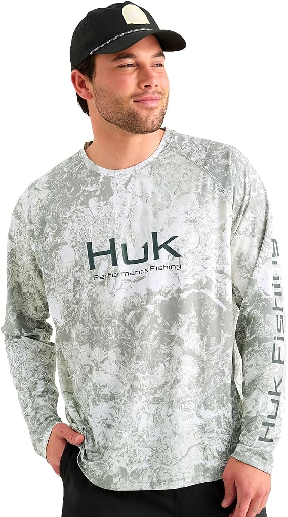 HUK Men's Pursuit Pattern Crew Long Sleeve, Performance Shirt