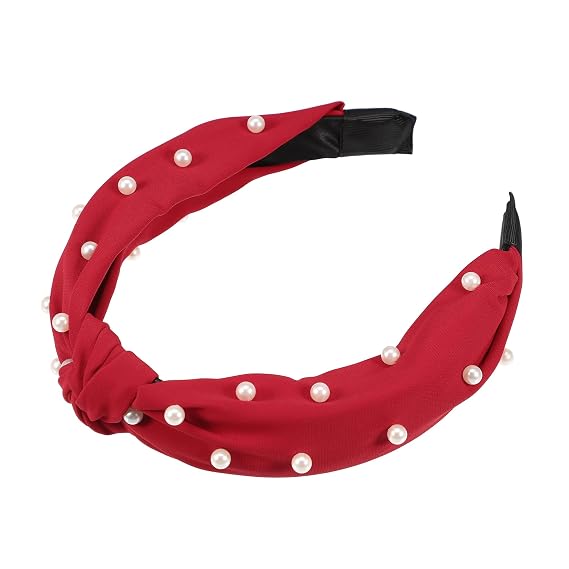 VOCOSTE Satin Knotted Pearl Headband, Red | 1.1 inch Wide, No Skin Digging, Secure Non-Slip Frame, Lightweight& Comfortable, Versatile for Any Event