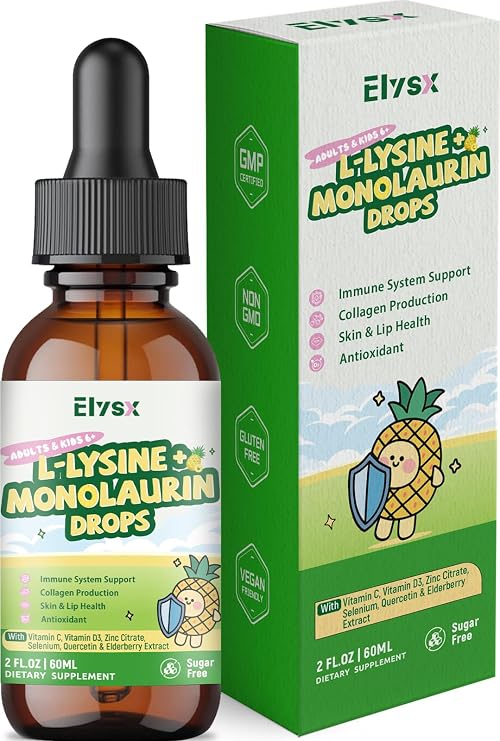 L-lysine Monolaurin Liquid Drops, 2 FL OZ | Lysine 1000mg Supplement for Kids & Adults, with Vitamin C & D3, Zinc, Selenium, Quercetin & Elderberry, Immune Support