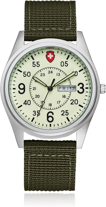 Mens Military Field Quartz Watch, Luminous Dial Canvas Nylon Strap Analog Wrist Watch with Day Date Display, 3ATM Waterproof Tactical Sports Casual Watch for Men