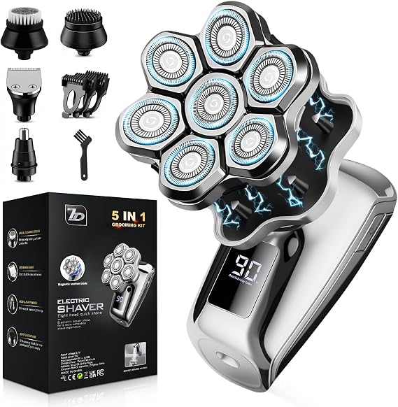 Head Shavers for Bald Men, 7D Floating Blades Electric Razor with Magnetic Detachable Heads, IPX7 Waterproof Rotary Shaver 5-in-1 Self-Grooming Kit Gift for Balder
