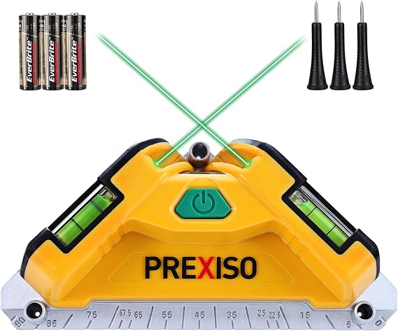 PREXISO Square Laser, 65Ft Green Beam Floor Tile Laser Level, Aluminum Base | Tile Laser Line Projection, Angle 90 degree Magnetic Level Square Built-In 2 Bubble Vials, 3 Mounting Pins, 3AA Batteries
