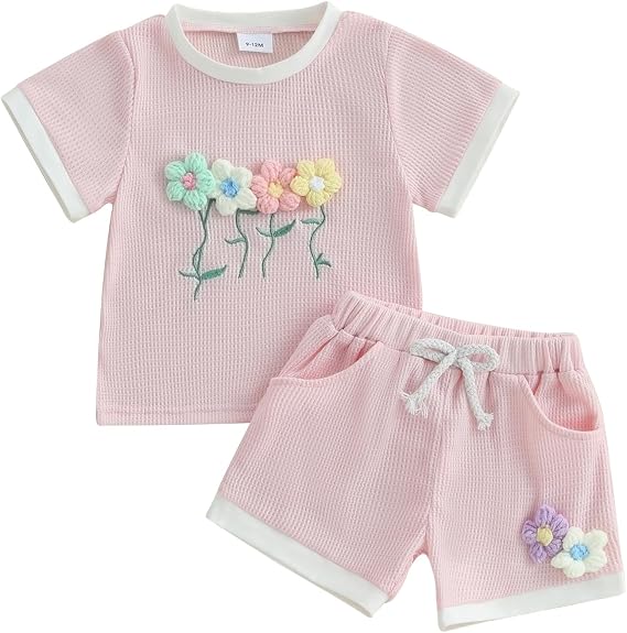 Toddler Baby Girl Summer Outfits Flower Embroidered Short Sleeve Top Shorts 2Pcs Set Infant Cute Spring Clothes