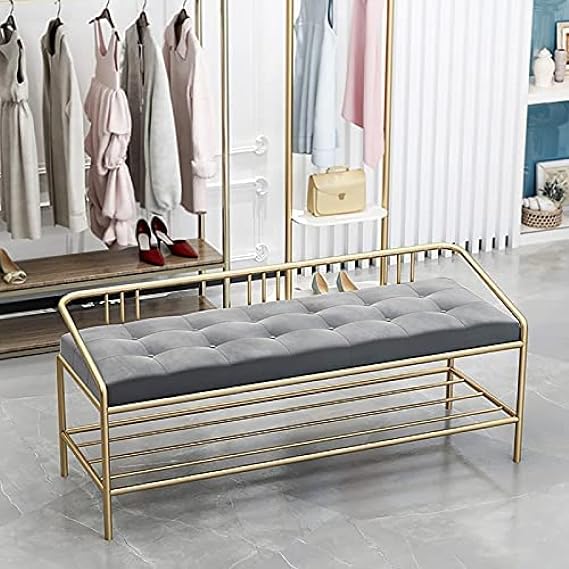 Luxurious Entryway Shoe Bench,Modern Porch Shoe Rack Bench Metal Organizer Shoe Shelf,Thickened Velvet Upholstered,Grey,100X35X45Cm(39X14X18Inch)