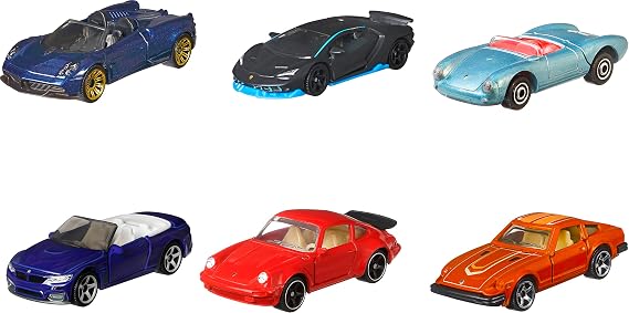 Matchbox Cars 6-Pack, Set of 6 Toy Vehicles in 1:64 Scale, Trunks, Hoods or Doors Open & Close: Porsche, Lamborghini, BMW, Datsun & Pagani