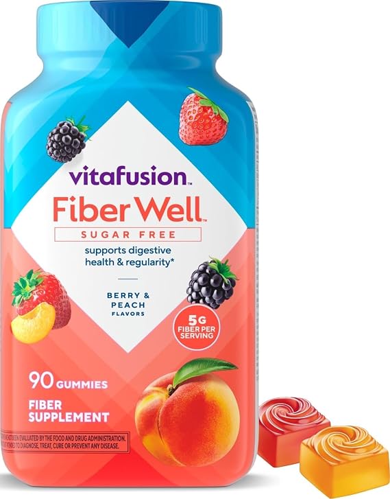 Vitafusion Fiber Well Gummies for GLP-1 Support | 5mg | 90 Count | Sugar Free Adult Gummy | Vitamins For Women & Men | Berry & Peach Flavors | Gluten Free Formula