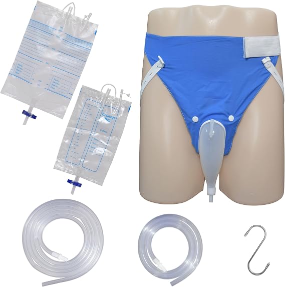 Condom Catheters for Men Overnight,External Catheter for Male,Portable Wearbale Silicone Urinals with 2 Urine Catheter Bags(1000mL +2000mL),2 Tube(1m + 2m),1*S Hooks,1*Cotton Pants(Elderly -Blue)