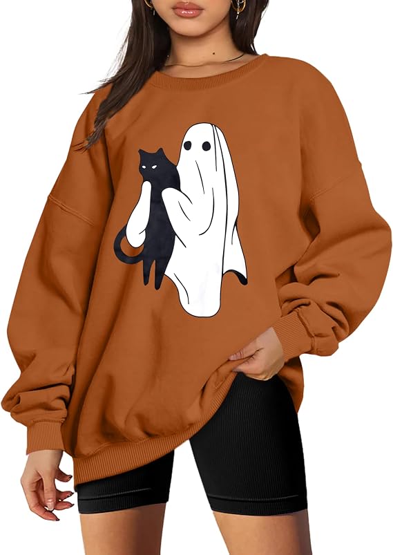 UNIQUEONE Halloween Sweatshirts for Women Halloween Black Cat Ghost Shirt