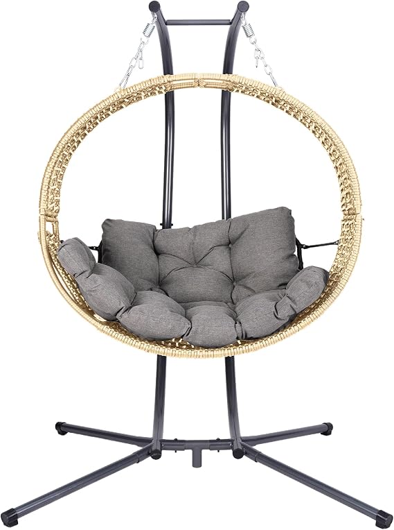 Yellow Double Egg Swing Chair with Stand Hanging Egg Chair with Convertible Armrests, Reclining for Outdoor(Gray+Yellow)