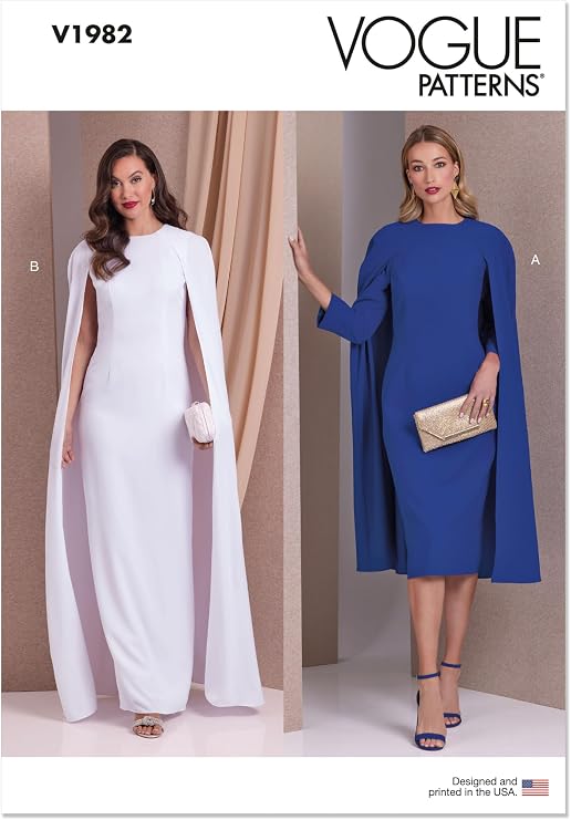 Vogue V1982B5 Misses' Fitted Cape Dresses Sewing Pattern Packet, Design Code V1982, Sizes 8-10-12-14-16