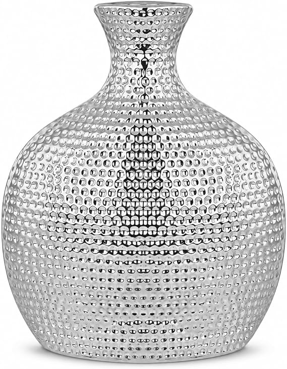 Torre & Tagus Helio 10" Silver Ceramic Vase, Dimpled Bottle Shape | Reflective Dimpled Texture, Non-Tarnishing Finish, Narrow Opening, Slim Profile, Protective Padded Base