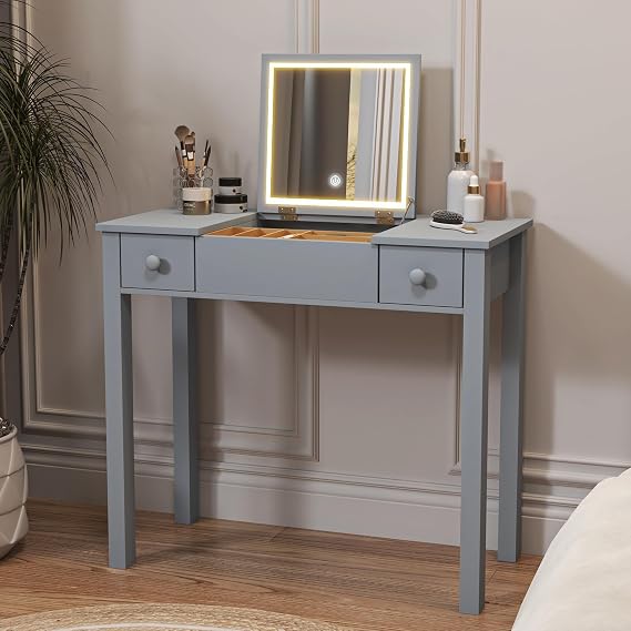 Small Makeup Vanity Desk with Flip Top Mirror, Dressing Table with 3 Modes Adjustable Lights, 2 Drawers and 3 Storage Box, for Bedroom (Grey Vanity with Light)