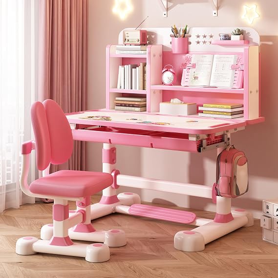 Kids Desk and Chair Set, Study Table with Golden Distance Design, Homeschooling Writing Desk with Desktop for Boys and Girls (Pink 2)