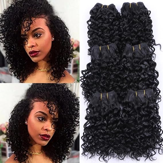 Short Afro Kinky Curly Hair Bundles 8 Inch 6 Pieces One Pack Quick Weave Natural Black Soft Curly Synthetic Hair Extensions for Women