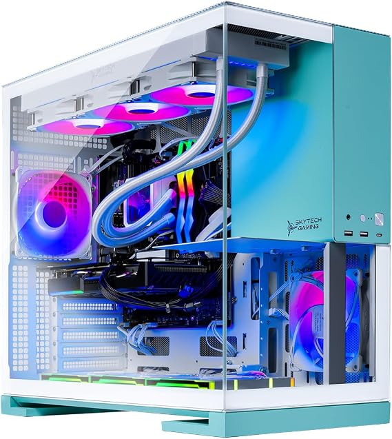 Skytech Gaming Aqua Desktop PC, Ryzen 7 7700X 4.5 GHz (5.4GHz Turbo), NVIDIA RTX 5060, 1TB NVMe SSD, 16GB DDR5 RAM 6000, 850W Gold ATX 3 PSU, 360mm ARGB AIO, Wi-Fi, Win 11