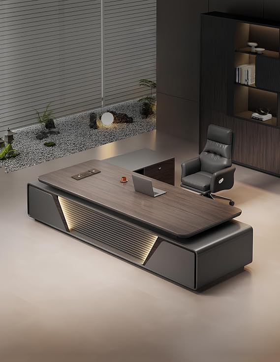 Modern Executive Desk,Curved Aluminum Alloy L-Shaped Executive Desk for Home Office, with Drawers and Storage, Manufactured Wood Management Work Table (L 200cm/78.7in)