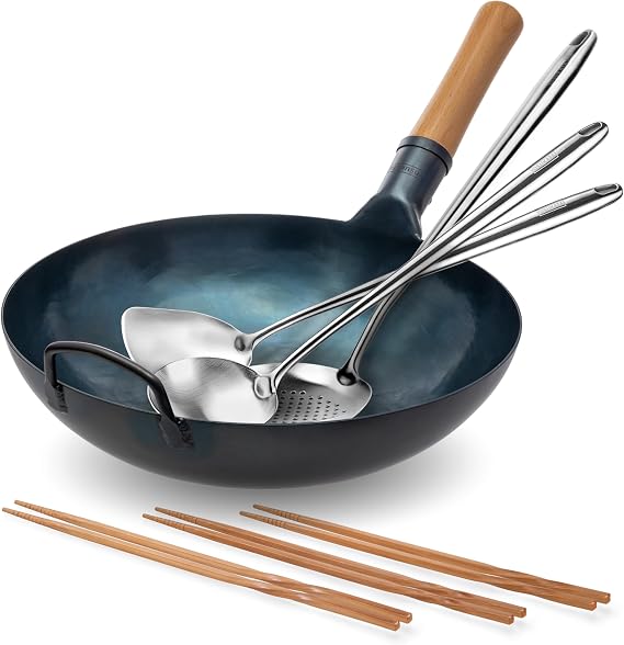 YOSUKATA Woks and Frying Pans 13.5 in - Pre-seasoned Flat Bottom Wok + 17" Wok Spatula and Ladle Skimmer Spoon + Reusable Natural Wooden Long Cooking Chopsticks Set of 3 pairs