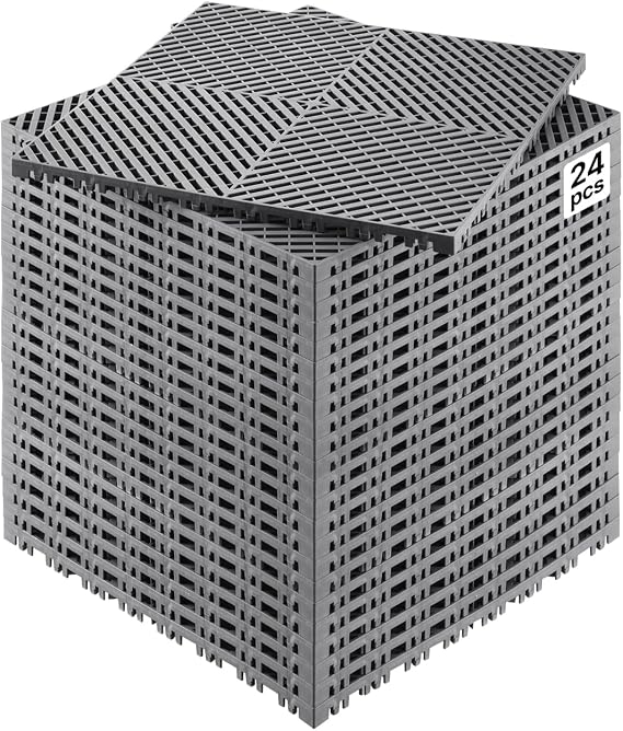 VEVOR Interlocking Drainage Mat, 15.7 x 15.7 Modular Interlocking Cushion, 24 Pcs Splicing Drainage Mats, Non-Slip PP Drainage Floor Tile and Shower Mat, for Garage, Garden, Kitchen & Outdoor, Gray
