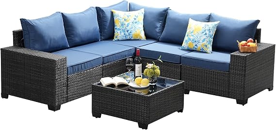 Patio Furniture Set, 6 Pieces Outdoor Couch Sofa with Wider Armrests & Glass Coffee Table, Outdoor Sectional Furniture with Thick Cushions for Party, Poolside, Garden, Navy