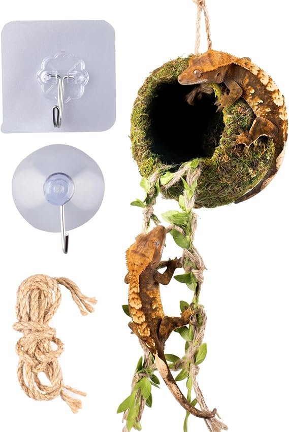 Reptile Hide with Hanging Climbing Ladder Handmade Crested Gecko Tank Accessories, Hide for Crested Gecko, Hermit Crab, and Small Reptiles