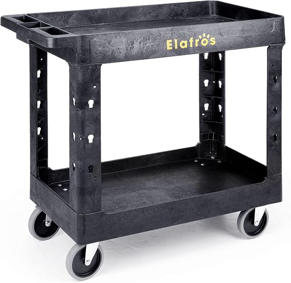 2-Tier Utility Rolling Cart, 34 x 17 in, 5" Swivel Wheels, 550lb | Deep Tub Shelves, Plastic Service Cart, Work Cart, Tool Cart, Tub Storage Organizer, Warehouse Garage Cleaning Supplies