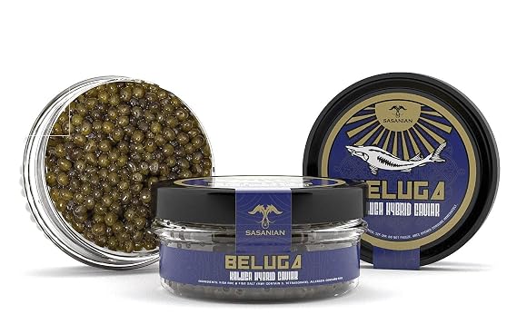 OVERNIGHT! Fresh River Beluga Caviar/ Kaluga Hybrid Grade 000 - Malossol 35 oz 1 kg kilo Tin with 6 Mother of Pearl Spoons