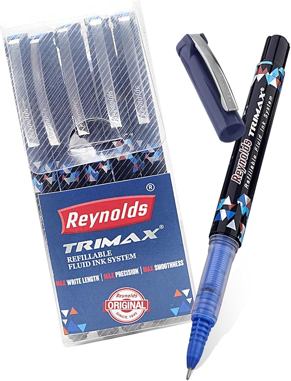 Reynolds TRIMAX BLUE - 5 COUNT | Roller Ball Ink Pen set With Comfortable Grip | Pens For Writing | School and Office Stationery | 0.5mm Tip