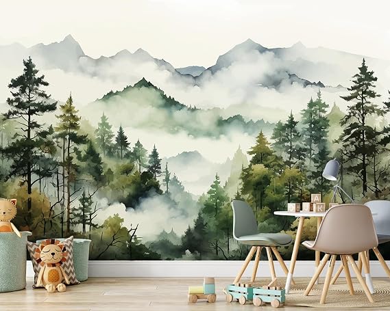 Watercolor Misty Forest Mountain Mural Wallpaper -141'' x96''