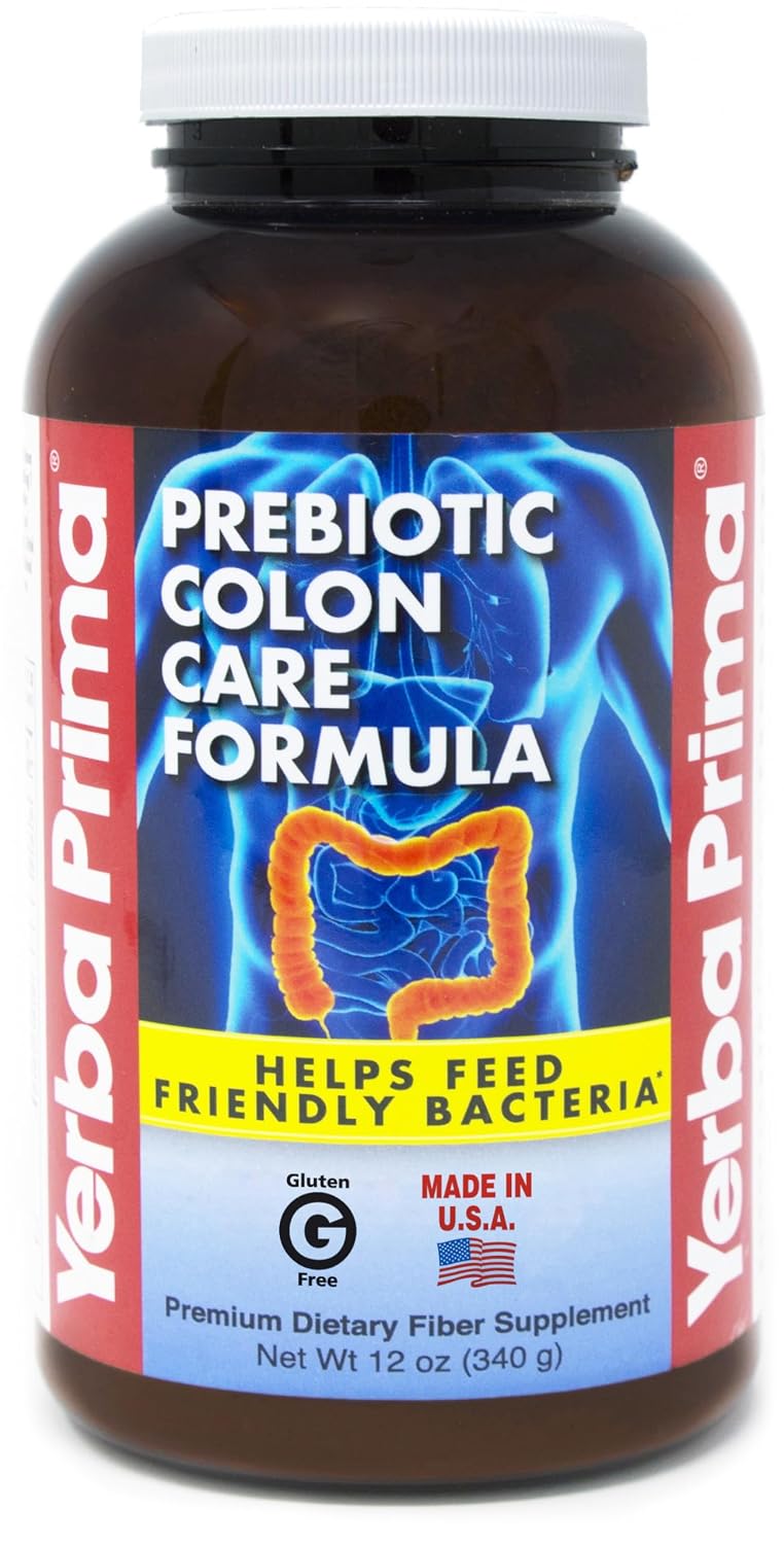 Yerba Prima Prebiotic Colon Care Formula Powder 12 oz - Natural Psyllium Fiber, FOS, Magnesium, Selenium - Non-GMO, Gluten Free, Vegan Daily Supplement for Men & Women