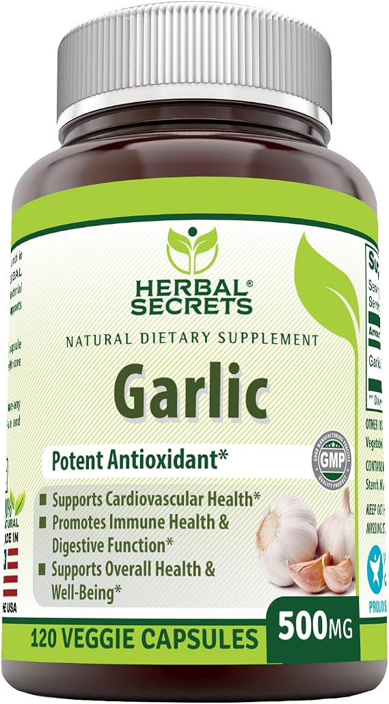 Herbal Secrets Garlic 500 mg 120 Veggie Capsules Supplement | Non-GMO | Gluten Free | Made in USA | Ideal for Vegetarians