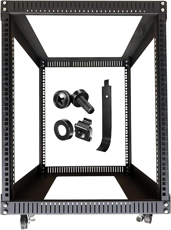 TECHTOO Server Rack 12U Standing Open Frame Rack with 4 Wheels & 50 Pack M6 Cage Nut Screw