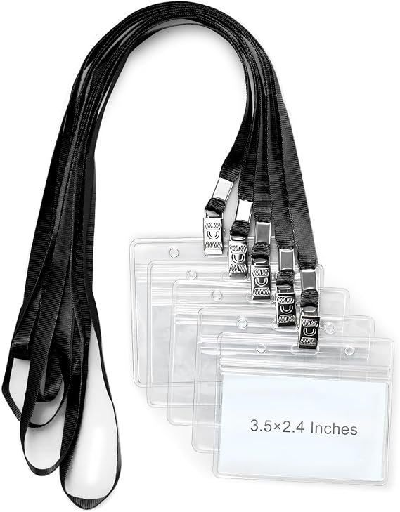 50 Pack Clear Plastic Horizontal Name Tag Badge Holder and 50 Pack Black Lanyard Waterproof Name Tag Holder with Lanyard for Adults Kids Office School