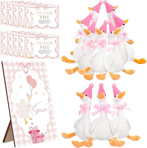 10Set One Silly Goose Birthday Decor 1st Baby Shower Party Favor 15.7 Inch White Geese Plush Stuffed Animal with Mini Party Hats Wood Table Decoration Greeting Cards Pink Ribbons for Guest Gifts