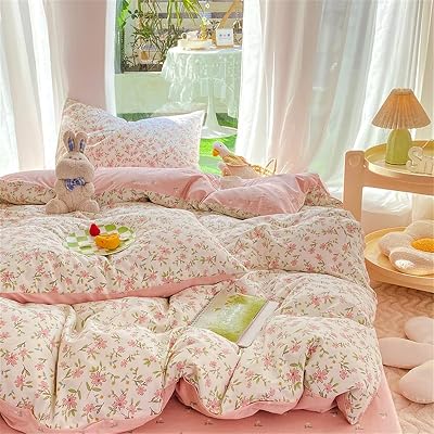 Floral Duvet Cover Queen Size Pink Romantic Flower Green Botanical Bedding Set 3 Pcs Girls Women Spring Aesthetic Flowers Coquette Comforter Cover with Zipper Closure