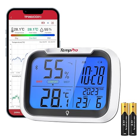 ThermoPro TP393B Ev için Dijital Oda Termometresi Nem Ölçer, Bluetooth üzerinden 80m Menzilli Otomatik Veri Senkronizasyonu, Saatli Higrometre