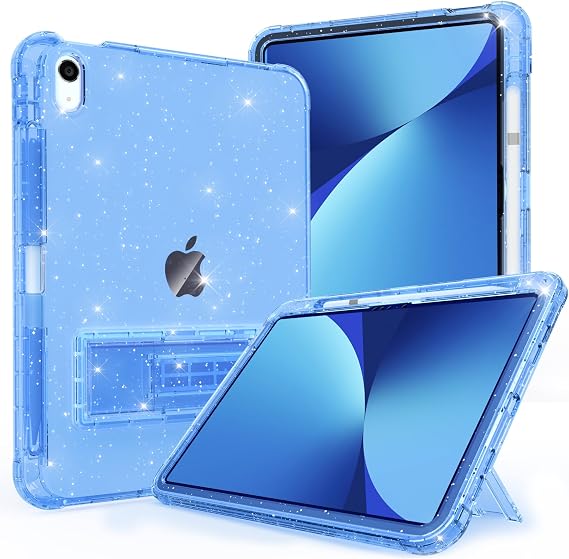 Case for iPad A16 11-inch 11th Generation, iPad 10th Generation Case 10.9 Inch, Pencil Holder & Kickstand - Slim, Glittery and Shockproof Bumper for Women and Girls, Blue Glitter